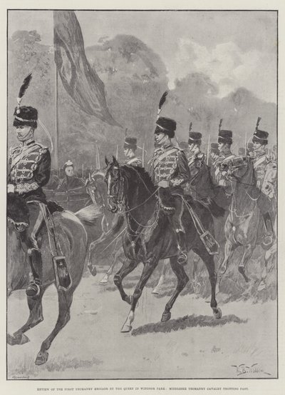 Review van de Eerste Yeomanry Brigade door de Koningin in Windsor Park, Middlesex Yeomanry Cavalerie in draf door William Barnes Wollen